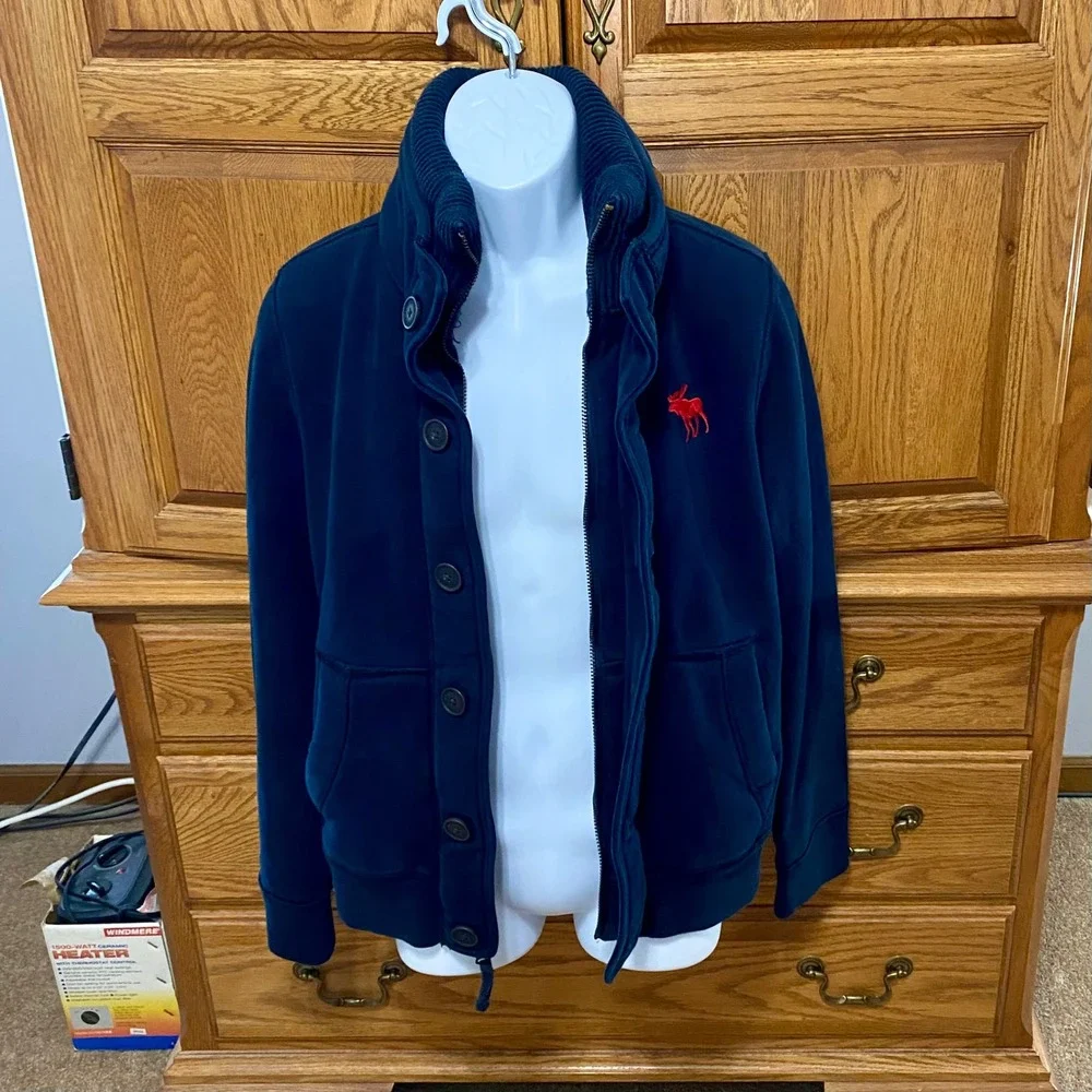VTG Abercrombie & Fitch Jacket Mens M Navy Blue Red Fleece Lined Mock Neck Moose